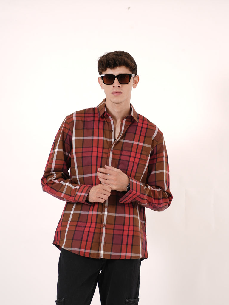 William Ashford Classic Plaid Cotton Shirt in Red & Brown