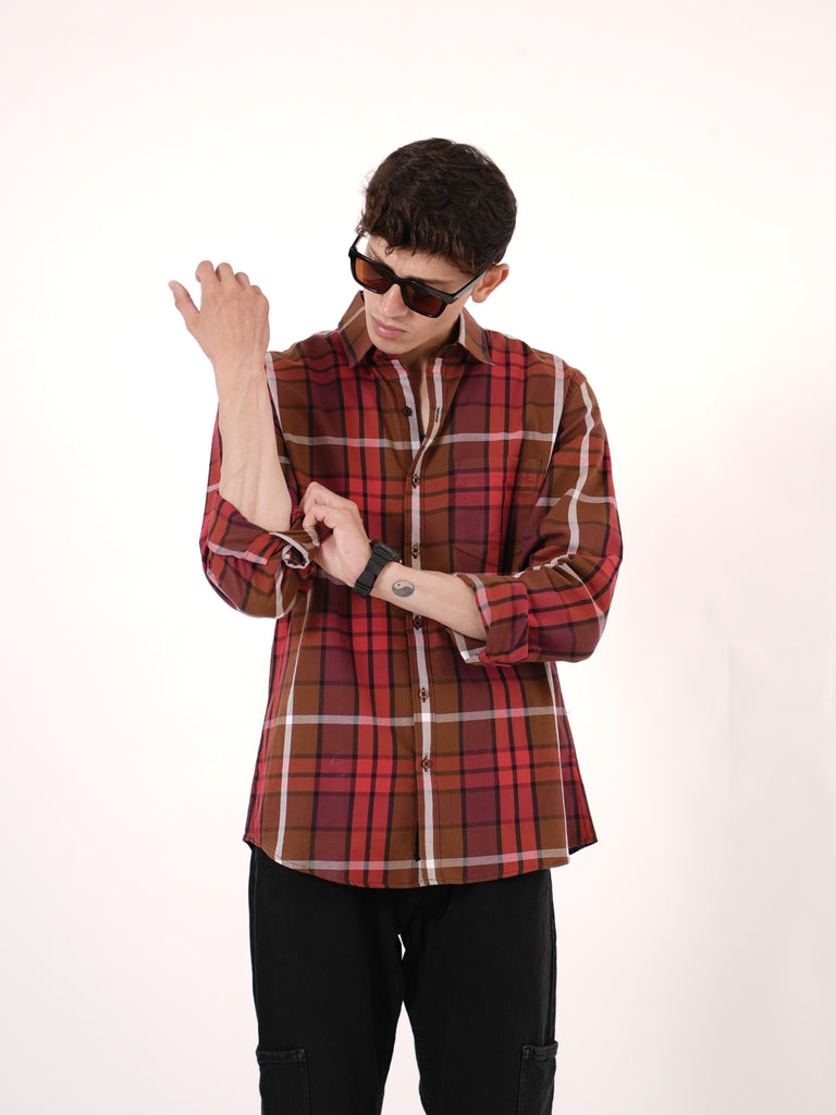 William Ashford Classic Plaid Cotton Shirt in Red & Brown