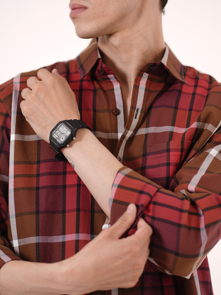 William Ashford Classic Plaid Cotton Shirt in Red & Brown