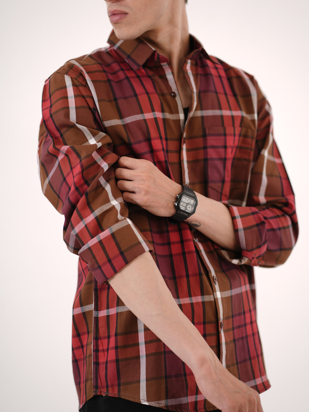 William Ashford Classic Plaid Cotton Shirt in Red & Brown