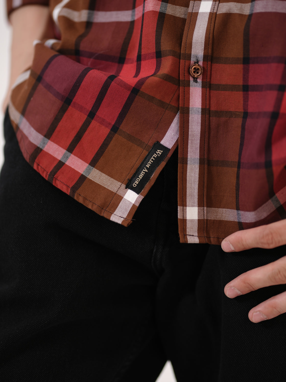 William Ashford Classic Plaid Cotton Shirt in Red & Brown