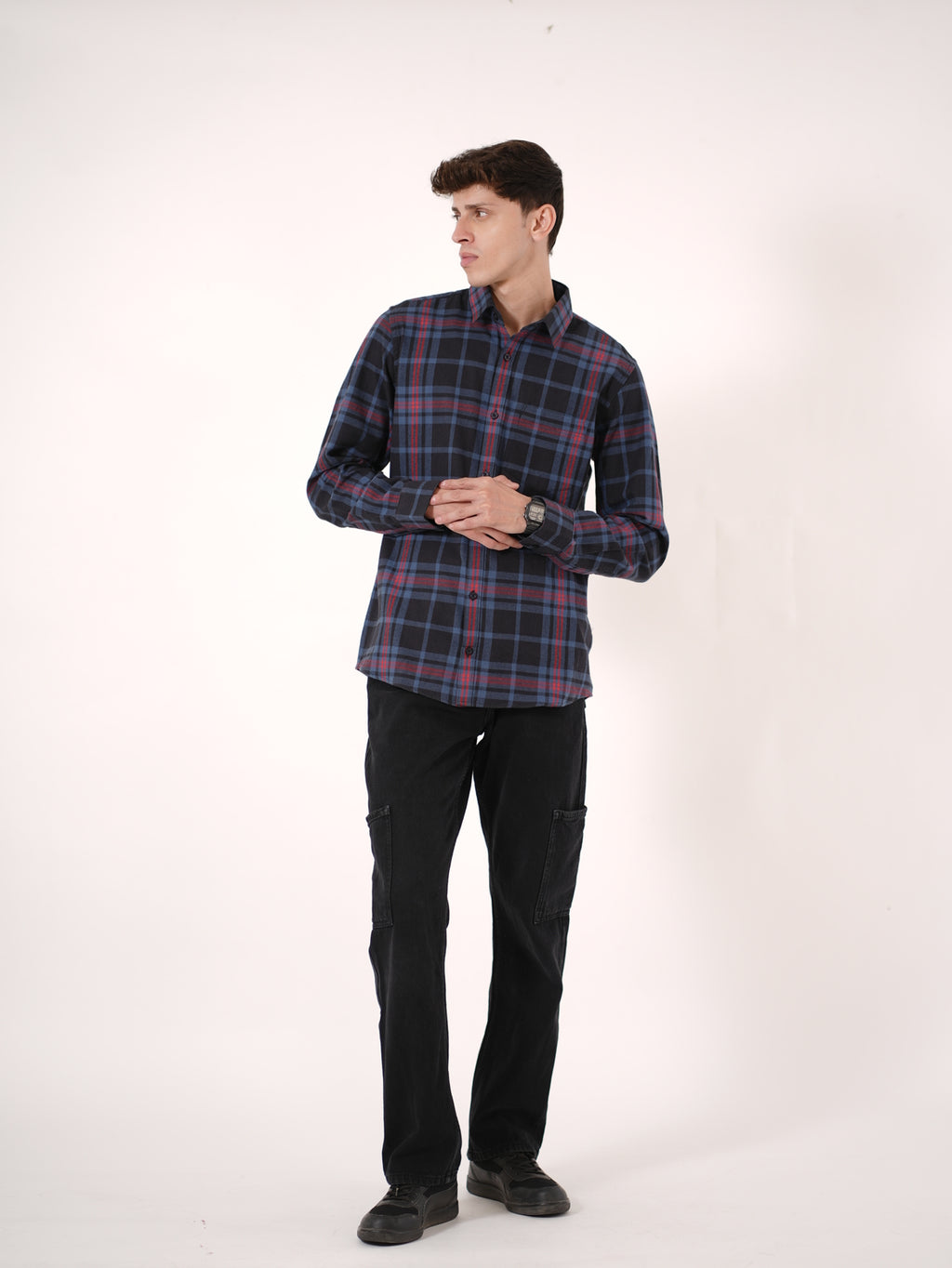 William Ashford Classic Plaid Flannel Shirt in Navy & Red