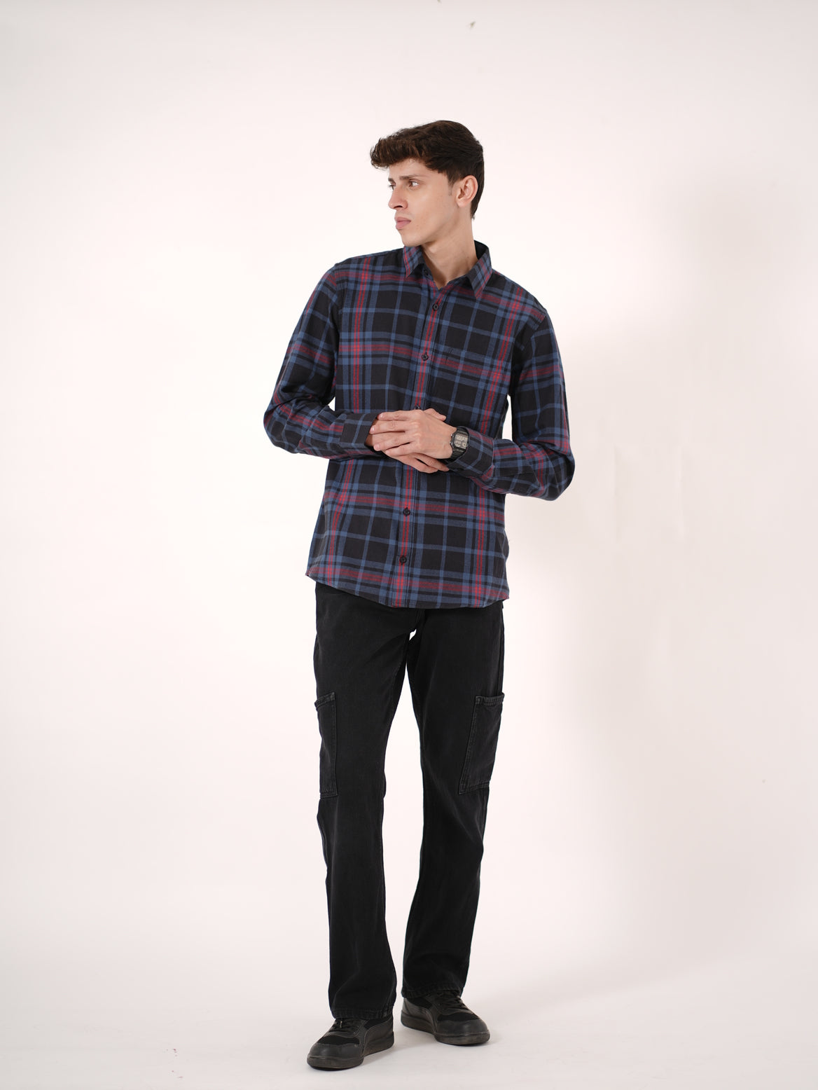 William Ashford Classic Plaid Flannel Shirt in Navy & Red