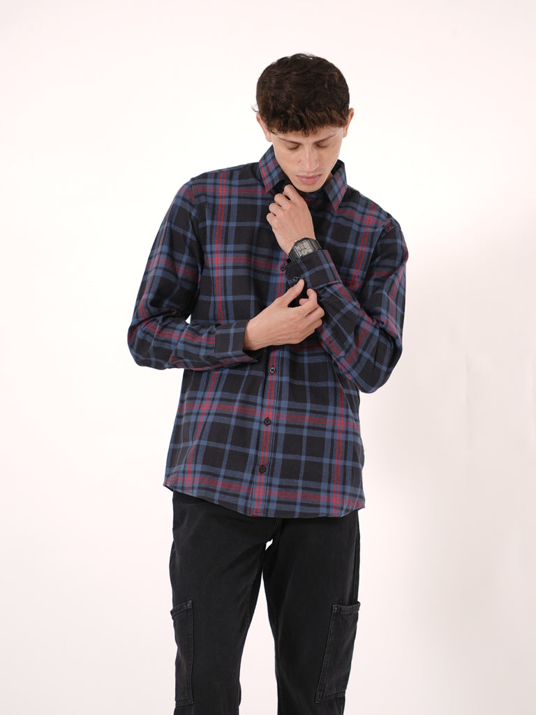 William Ashford Classic Plaid Flannel Shirt in Navy & Red