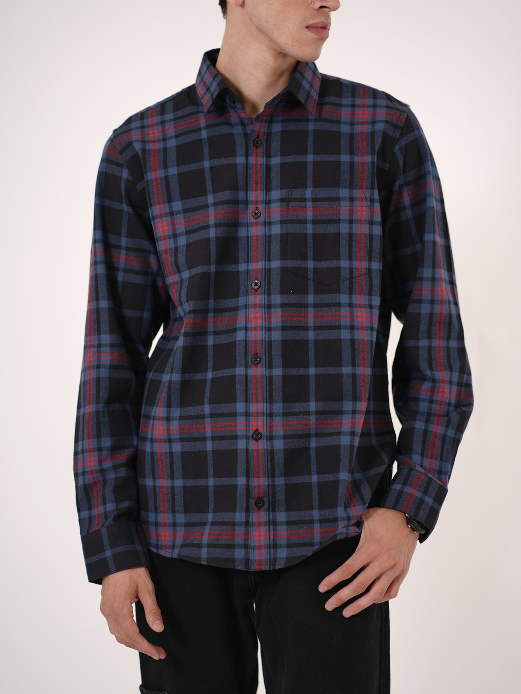 William Ashford Classic Plaid Flannel Shirt in Navy & Red