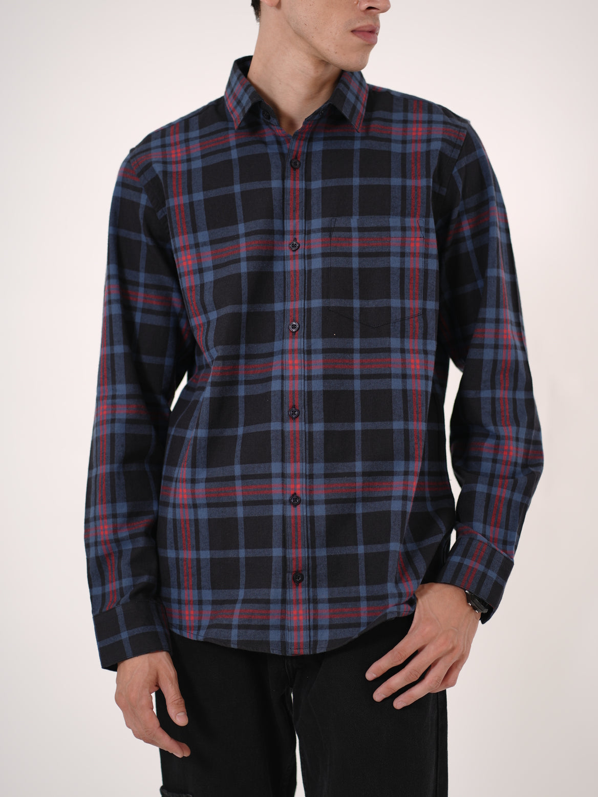 William Ashford Classic Plaid Flannel Shirt in Navy & Red