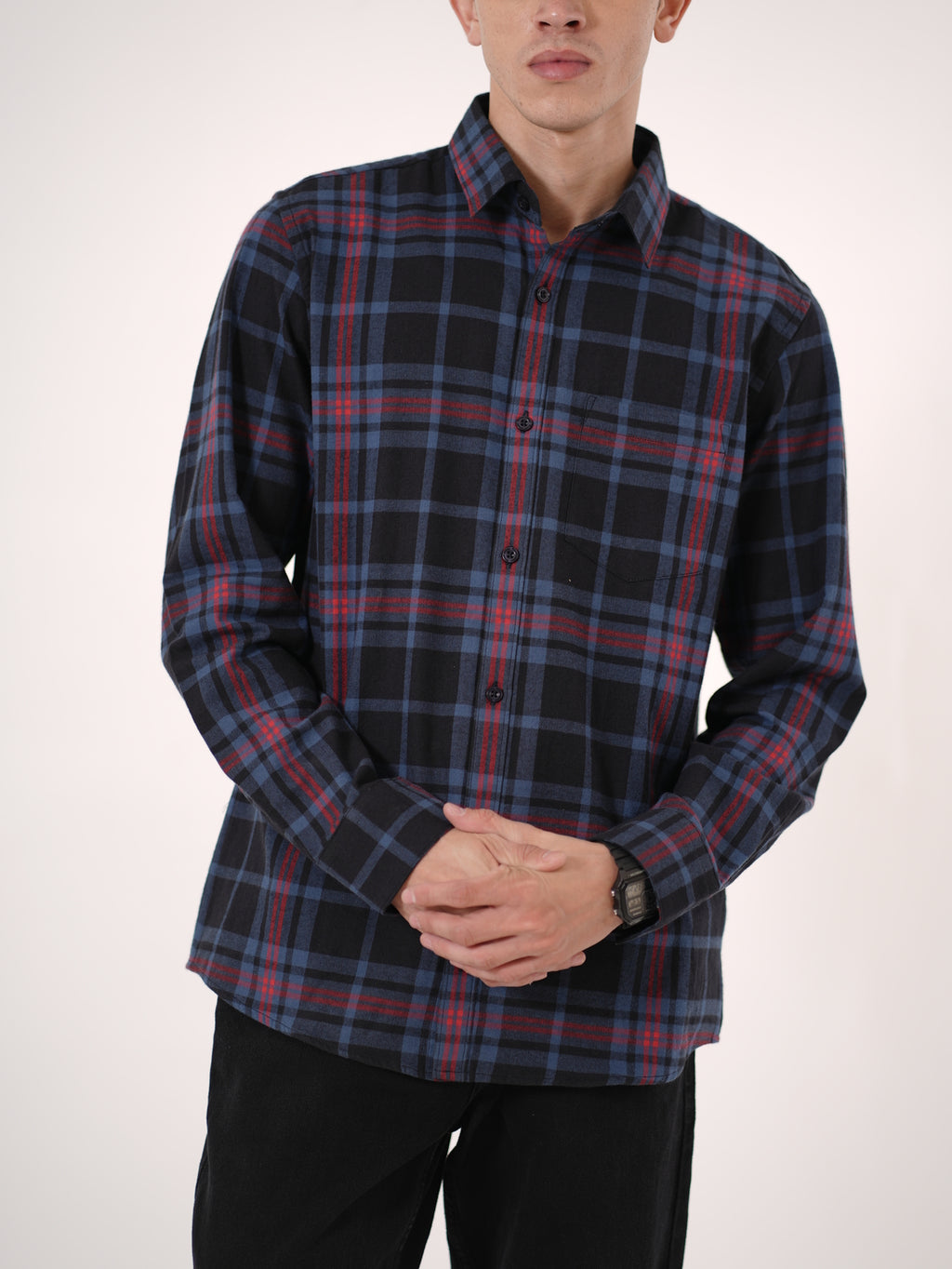 William Ashford Classic Plaid Flannel Shirt in Navy & Red