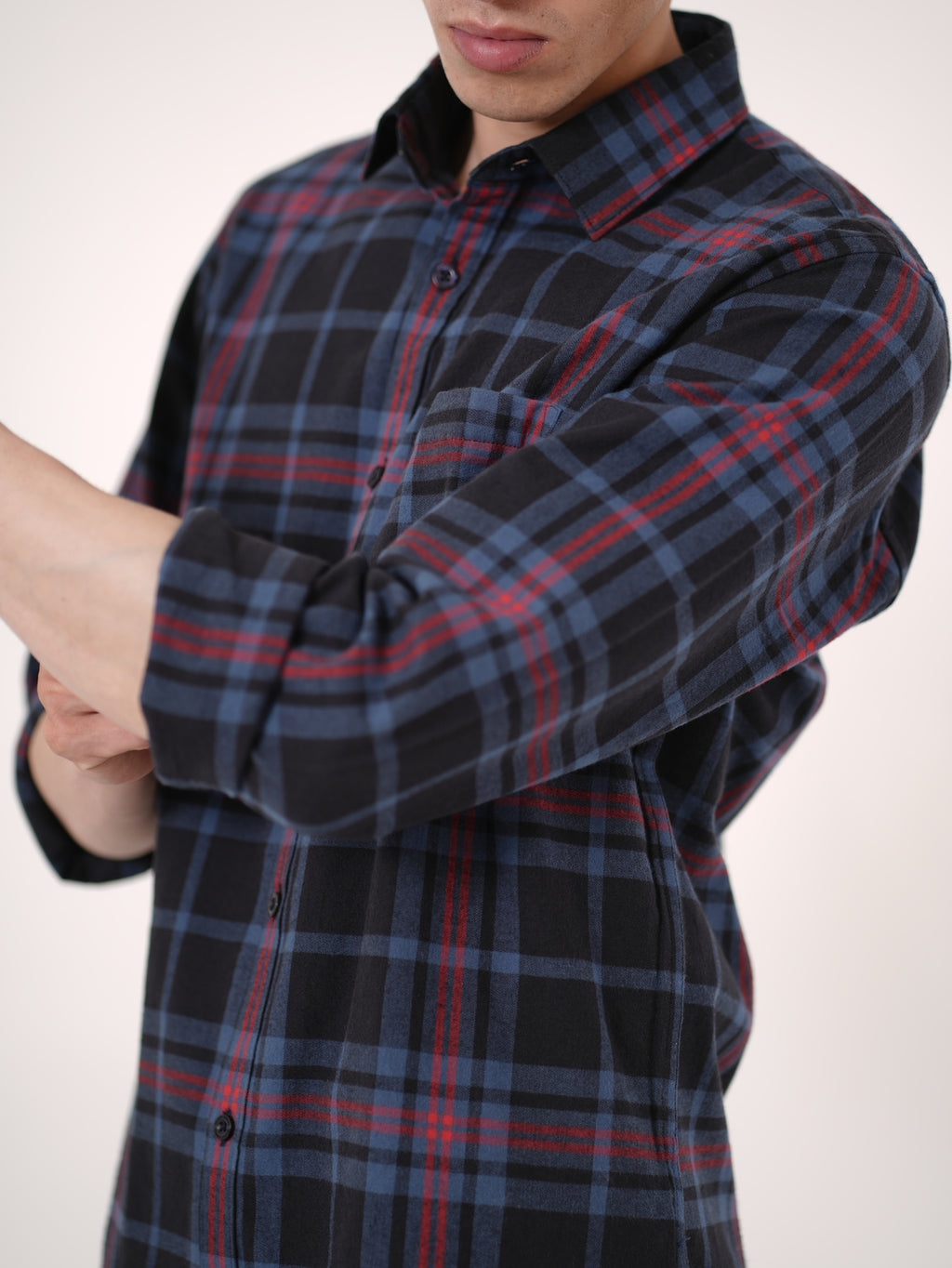William Ashford Classic Plaid Flannel Shirt in Navy & Red
