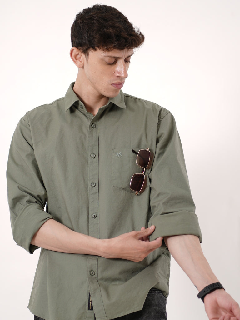 William Ashford Essential Textured Shirt in Olive Green